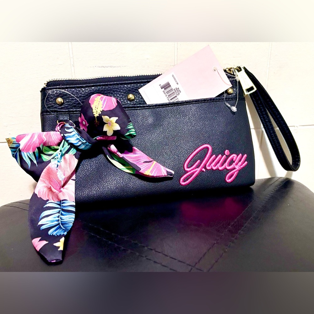 Juicy Couture Black Tropical Bow Double Pocket Wristlet